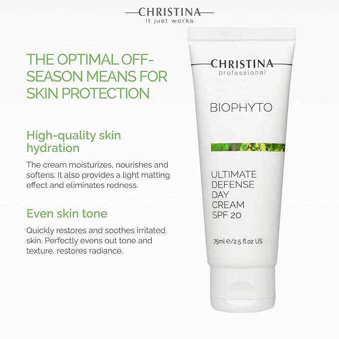 Christina Bio Phyto Ultimate Defense Day Cream Moisturizer with SPF 20-75 ml - Broad Spectrum UVA/UVB Protection Facial Moisturizer with Hyaluronic Acid & Vitamin B12- For Normal & Combination Skin