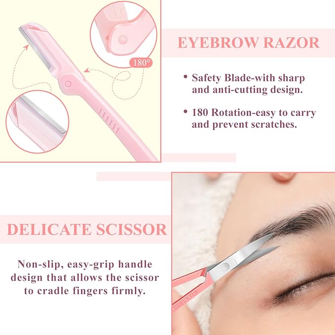 Ingrown Hair Tweezers and Pimple Popper Tool Kit, Pink Blackhead Remover Tools, Pimple Extractor Pore Extractor Eyebrow Razor, Scissor in Leather Travel Case