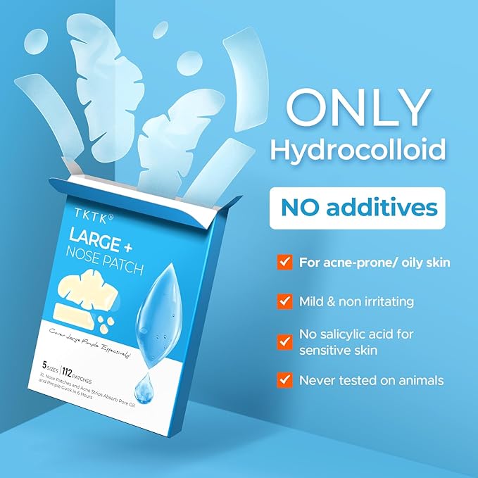 TKTK Hydrocolloid Nose Patches, XL Nose Pore Strips 91 x 48 mm, Large Hydrocolloid Acne Pimple Patches for Face, Cover Zit Blemishes & Absorb Oil (Nose Contoured, Strip, Dots 5 Sizes 112 Count)