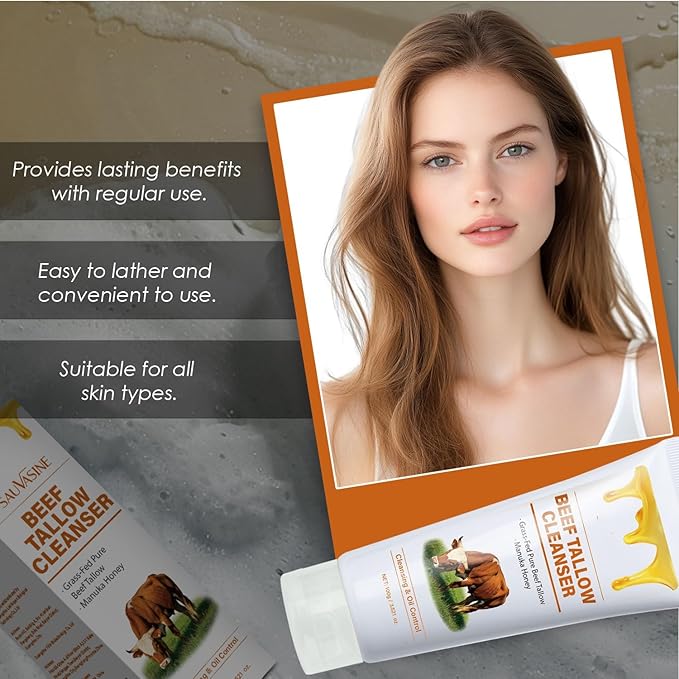 Beef Tallow for Skin Face Wash, Grass Fed Hydrating Facial Cleanser Skincare, Anti Aging Exfoliating Facial Cleanser, Beef Tallow for Face Exfoliating Facial Wash