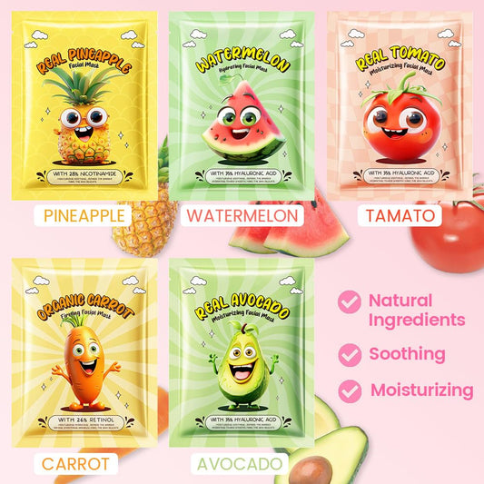 Kaely 10 Pack Fruit Face Masks for Kids, Kids Face Mask Spa Day Kit Supplies, Spa Party Favors for Teens Girls Women, Sheet Facial Mask Skincare Gifts Set, Moisturize Soothe for All Skin Types, 01