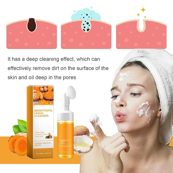 Yaper 2 Pcs Turmeric Foaming Face Wash,Deep Cleansing and Exfoliating Glow Wash Turmeric Facial Cleanser With Brush.