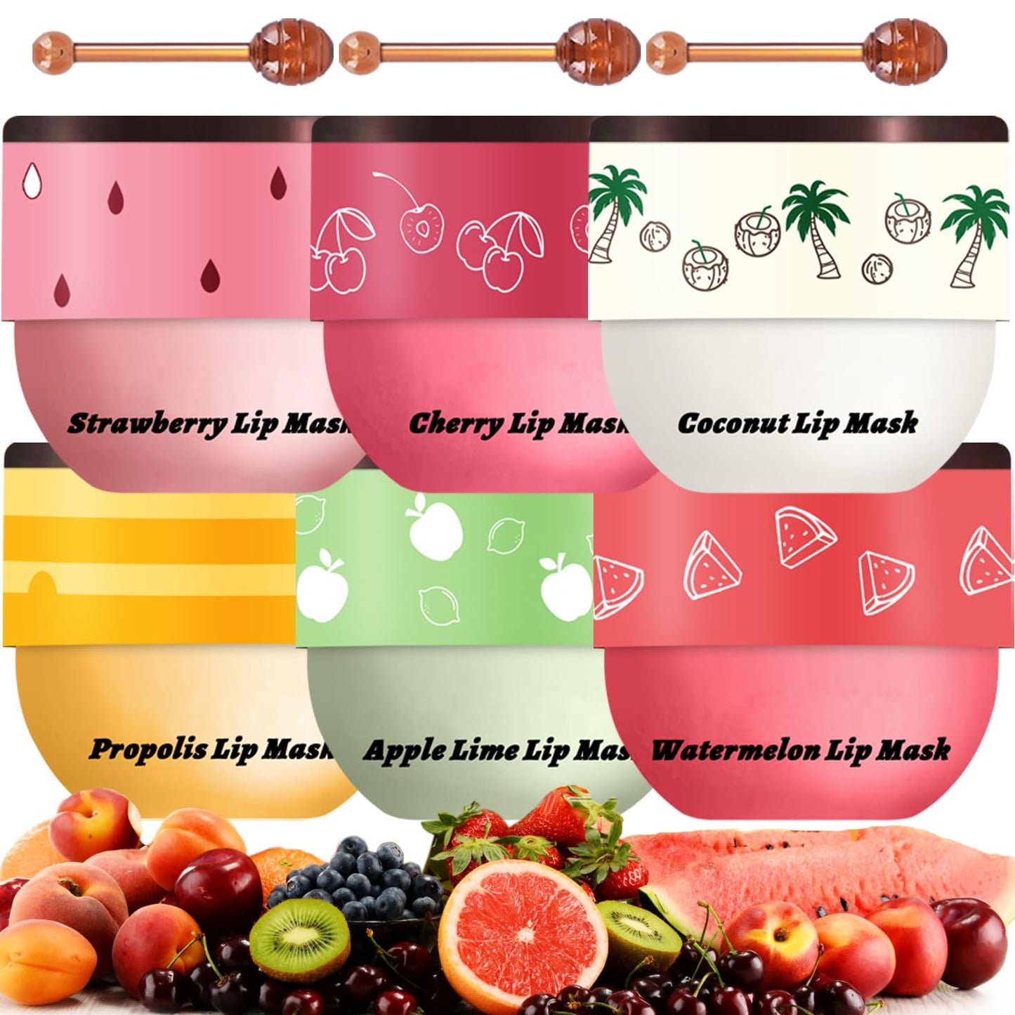 6 PCS Bee Lip Balm Honey Pot, Propolis Lip Mask Overnight, Moisturizing Hydrating Lip Sleeping Mask Prevention Dry and Cracked, Reduce Lip Lines (Strawberry&Watermelon&Honey&Cherry&Coconut&Apple Lime)