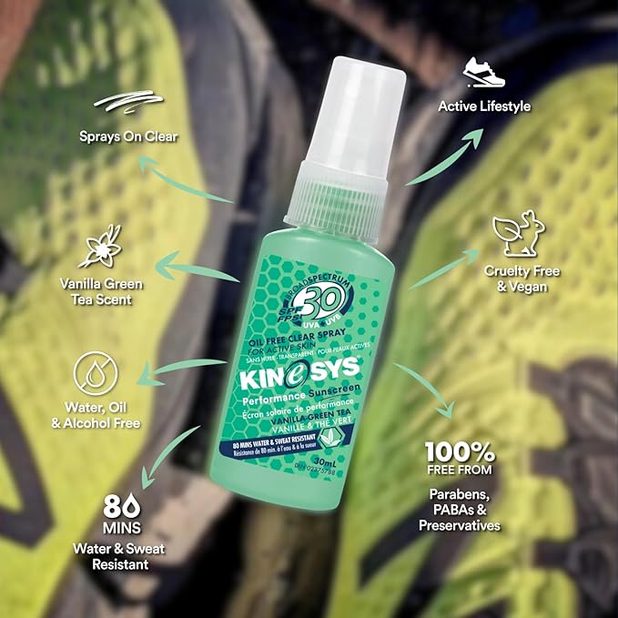 KINeSYS Performance Sunscreen Vanilla-Green Tea Scented Clear Spray, SPF 30, Hypoallergenic, Broad Spectrum UVA/UVB protection for Face & Body; Alcohol, Vegan, 170+ Sprays, 1 fl. Oz (Pack of 2)