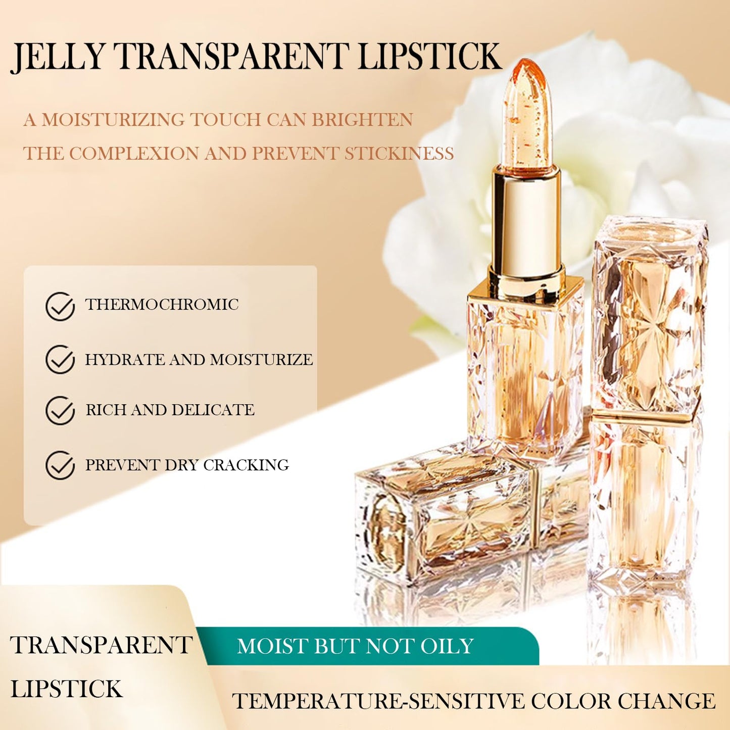 Transferproof Color Changing Lipstick,Gold Crystal Lipstick Color Changing Long Lasting,Vitamin E Nourishing For Cracked & Dry Lips (01)