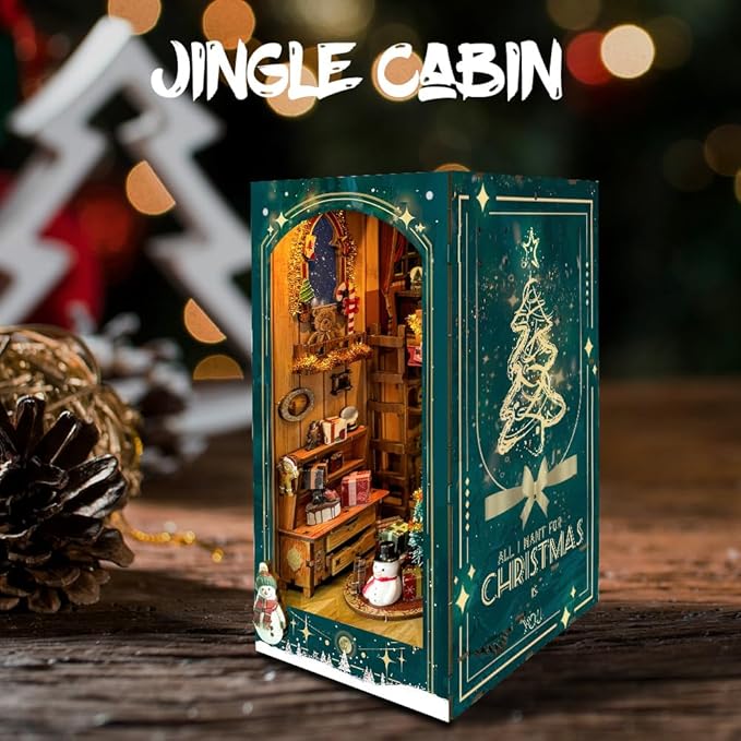 DIY Book Nook Kit - Christmas Wooden Miniature House Kit Rotating Decor, Gift for 14+ Dollhouse Kit - Jingle Cabin (SQ-34)
