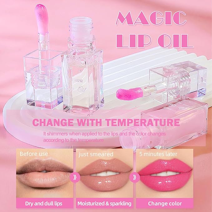 Color Changing Lip Oil,Clear to Pink Magic Big Lip