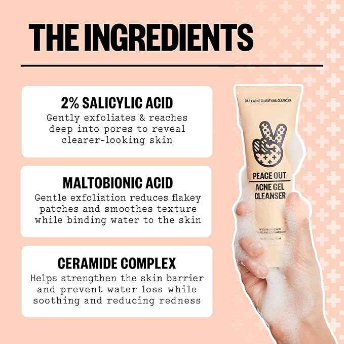PEACE OUT Skincare Acne Gel Cleanser, Boost Skin Barrier and Help Diminish Blemishes, Daily Acne Face Wash with Salicylic Acid for Men and Women, 4 fl oz