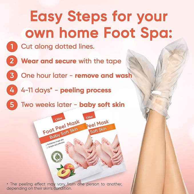 Foot Peel Mask - Foot Mask for Baby Soft Skin - Remove Dead Skin, Dry, Cracked Feet & Callus, Foot Spa, Made with Aloe Vera Extract for Women and Men (5 Pair (Pack of 1), Peach)