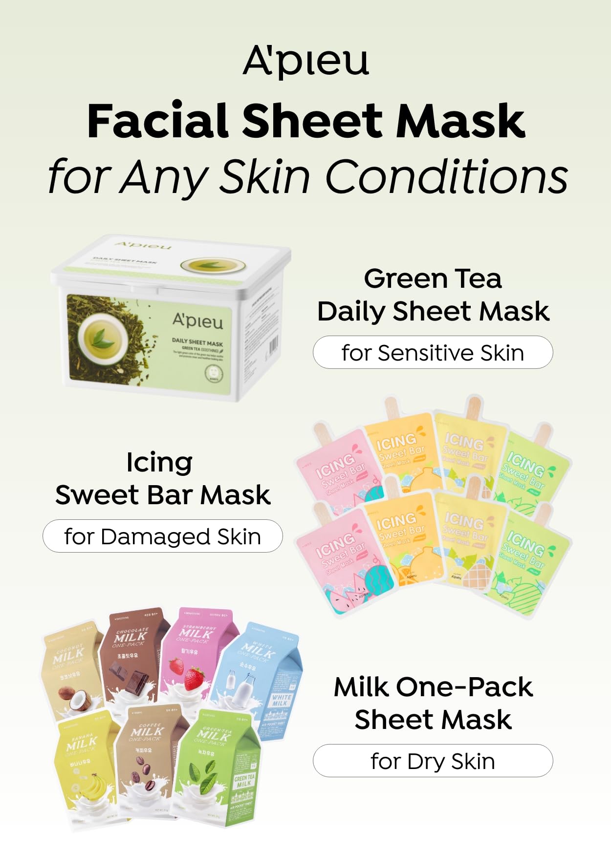 A'PIEU Daily Sheet Mask (Green Tea) - Moisturizing Korean Face Masks, 30-day supply, Lyocell fabric for comfort, Saturated with Green Tea Extract Essence