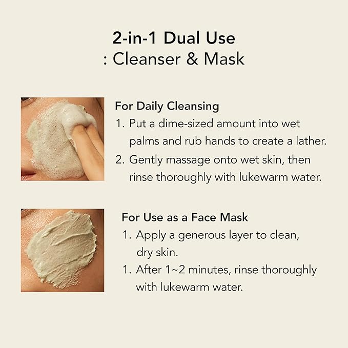 Whipped Korean Facial Cleanser and Face Wash with Mugwort & Tea Tree for Oily Skin and Pore Care, Moisturizing, Vegan, Doubles as a Face Mask, 4.5 oz