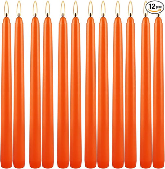 10 Inch Orange Slender Taper Candles Set - 12 Pcs Dripless, Smokeless with Cotton Wick, Ideal for Halloween,Thanksgiving,Dinner, Weddings & Home Decor.