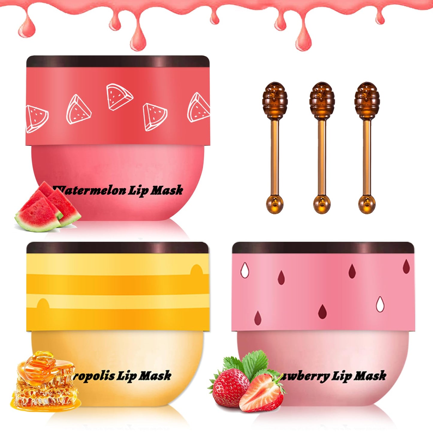 XINGXYUEL 3PCS Bee Lip Care Honey Pot Lip Mask - Honey Strawberry Watermelon Flavors - Silky Hydrating Overnight Lip Care Products