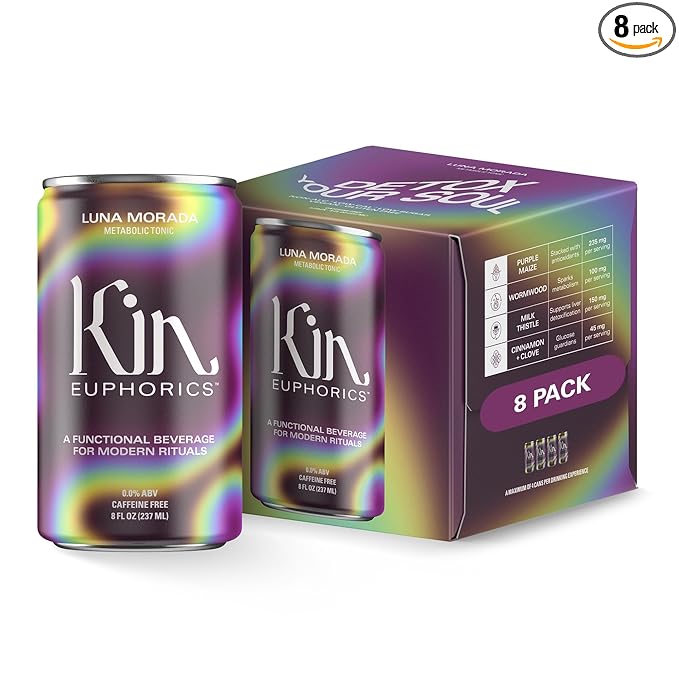 Kin Euphorics Luna Morada Non-Alcoholic Functional Beverage | Metabolic Tonic for Digestive & Liver Support | Caffeine-Free & Functional Beverage | 8 Fl Oz (8pk)