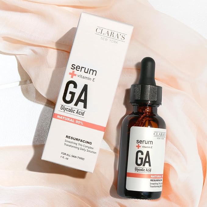 CLARA'S NEW YORK Glycolic Acid Facial Serum with Vitamin E – Exfoliating & Hydrating Face Serum for Smoother, Glowing Skin – 30ml / 1 Fl Oz – Made in USA