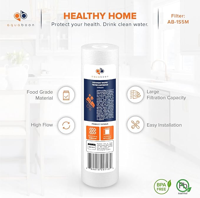 Aquaboon 5 Micron 10 x 2.5 Sediment Filter - Whole House Water Filter Replacement Compatible with Well Water Filters - P5, AP110, WHKF-GD05, 4 Pack