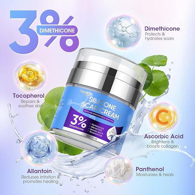 Silicone Scar Cream for Surgical Scars, 3% Dimethicone Complex Silicone Scar Gel for Old & New Scars, C-Section, Pregnancy, Acne, Injury, Keloids, Burns, Non-Irritating Scar Removal Cream(55ML)