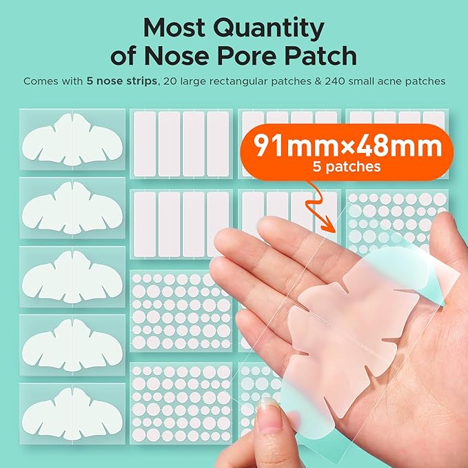 TKTK Hydrocolloid Nose Patches, XL Nose Pore Strips 91 x 48 mm, Large Hydrocolloid Acne Pimple Patches for Face, Cover Zit Blemishes & Absorb Oil (Nose Contoured, Strip, Dots 5 Sizes 265 Count)
