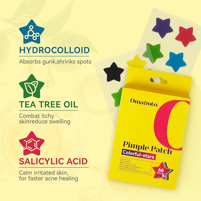 Star Pimple Patches for Face (66 patches) - Hydrocolloid Acne Blemish Pimple Patches Cute Stars, 6 Colors Stars ance patches, 14MM Sizes Zit Stickers