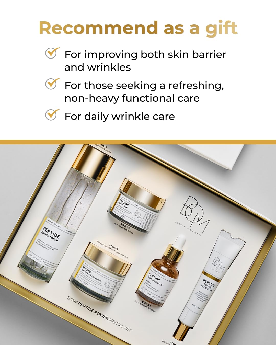 BOM COSMETICS A Set of Peptide Power Skincare With 5 Kinds of Items (Toner, Ampoule, Cream, Eye Cream, Sleeping Mask), 24K Gold & Pentapeptide for Skin Collagen Boost, Korean Skincare