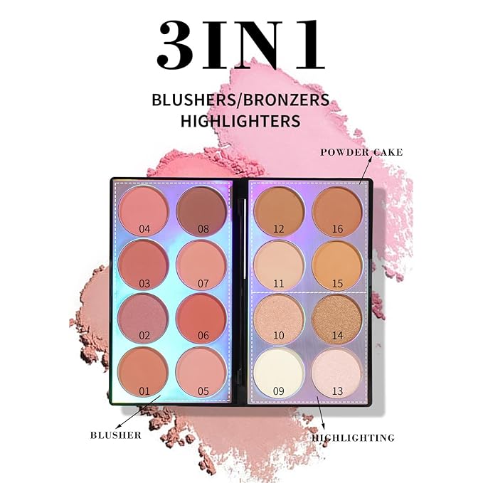 Blusher Contour Highlighter Makeup Palette, 16 Color All-in-One