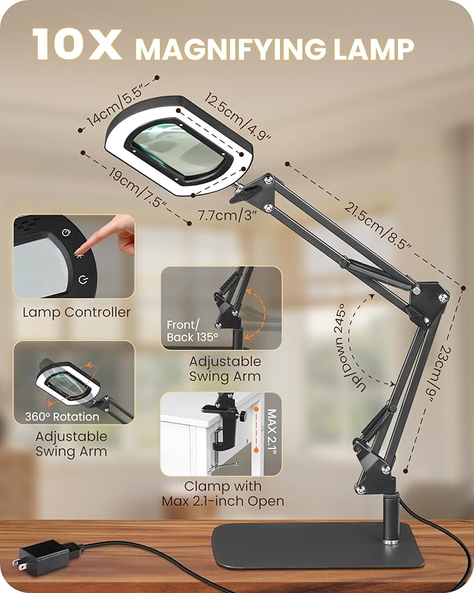 10X Square Magnifying Glass with Light and Stand, 2-in-1 LED Lighted Desk Lamp & Clamp, 5 Color Modes Stepless Dimmable, Hands-Free Magnifier Desk Lamp for Reading Craft Close Work B01DL05