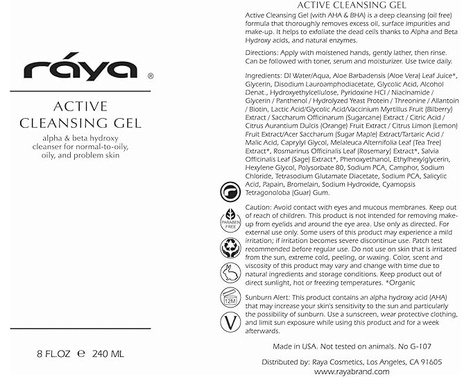 Raya Active Facial Cleansing Gel (G-107), Oil Control Cleanser with AHA and BHA, Deep Pore Gel for Oily and Break-Out Skin, Gentle Face Wash for Women and Men, Suitable for Daily Use, 8oz or 16oz btl