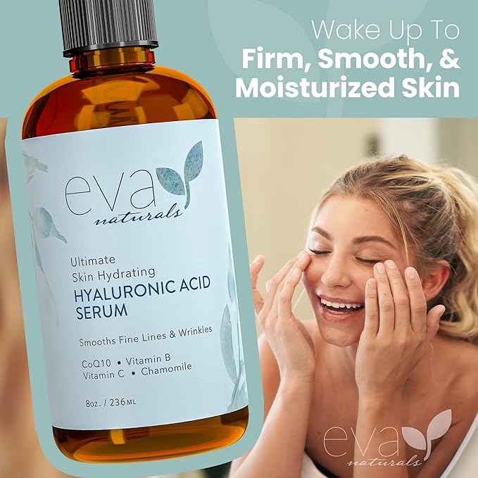 Eva Naturals Anti-Aging Hyaluronic Acid Serum For Face - Professional & Potent Hydrating Anti-Wrinkle Formula For Fine Line & Uneven Skin Tone - Contains Vitamin C, B, & E, Paraben Free (8 Oz)