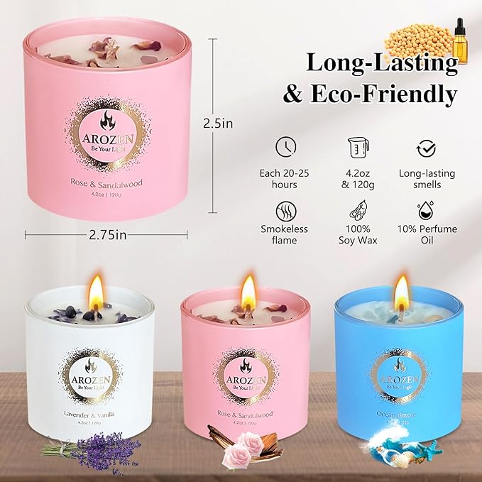 3 Pack Scented Candles Gift Set for Women, Birthday Gifts for Women, Valentines Day for her, Mothers Day Gifts, Candles for Home Scented of Lavender, Ocean Breeze & Rose Sandalwood