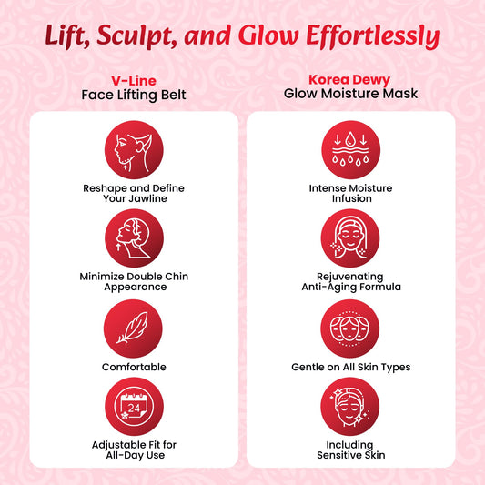 V Line Face Lifting Strap with 6 Korean Dewy Glow Masks – Reusable Chin Strap for Jawline Support, Face Slimming, Skin Care Tool for Women, Facial Firming Band, Beauty Mask Set