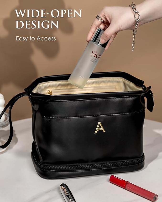 Wedding Gift Initial Makeup Bag, Personalized Double Layer Cosmetic Bag with Makeup Brush Organizer, Waterproof, Large Capacity PU Leather Travel Toiletry Bag Retirement Gifts, Daughter Gifts