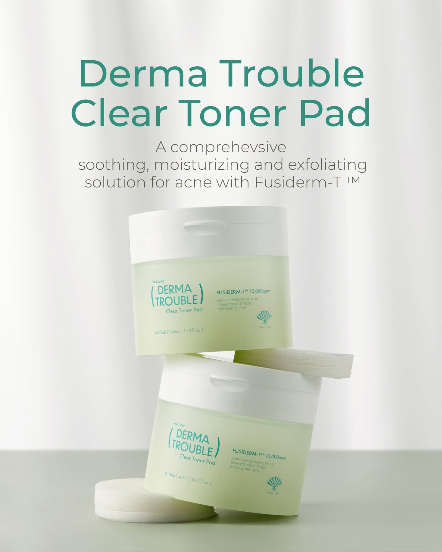 Fusidyne Derma Trouble Clear Toner Pad (60 Count) Gentle Exfoliation for Smooth, Clear Skin. Comedonal Acne. Korean Skin Care with Fusiderm-T 10,000ppm, LHA, PHA.