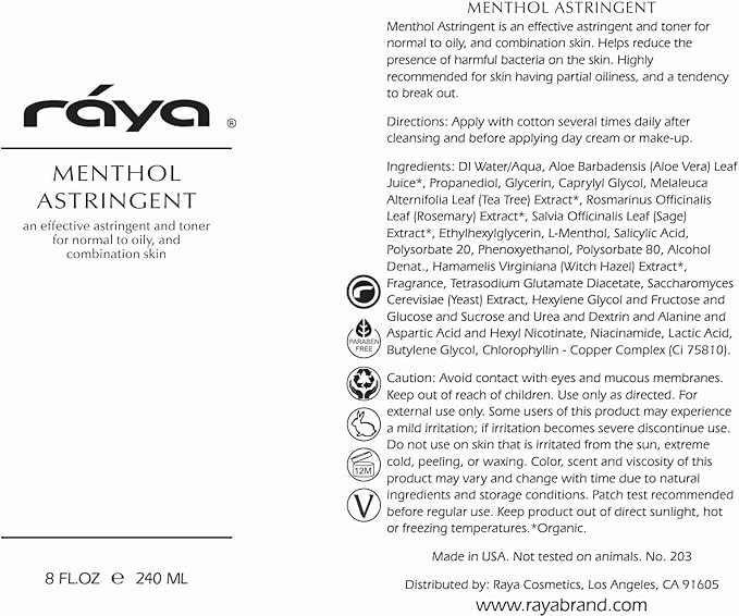 RAYA Menthol Astringent 16 oz (203) | Effective Facial Toner for Combination and Partially Oily Skin Prone to Break-Outs | Helps Refine, Tighten, and Protect pH Balance | Cools, Refreshes and Soothes