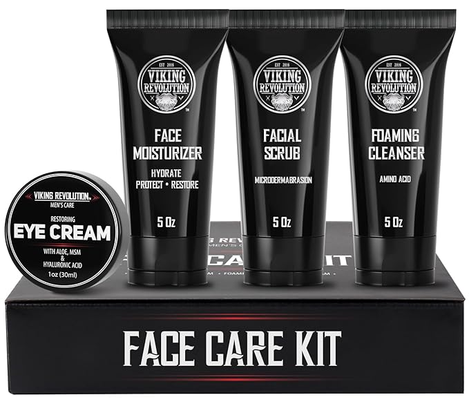 Viking Revolution Men's Facial Skin Care Kit - Includes Rejuvenating Face Moisturizer, Microdermabrasion Facial Scrub, Foaming Cleanser (5oz Each) and Eye Cream (1oz)