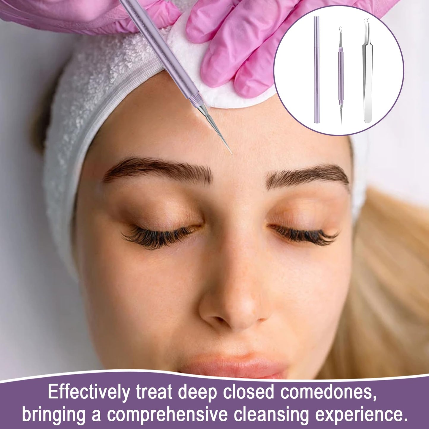 Nouiseuns Blackhead Tool Set for Face, Purple Stainless Steel Acne Extractor and Whitehead Extractor Tool – 2Pcs Professional Pimple Remover Kit with Angled Tweezers & Loop Needle for Nose & Skin Care