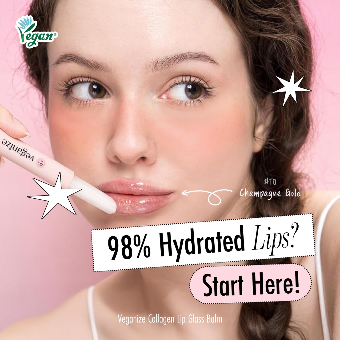 self beauty Veganize Collagen Lip Glass Balm - Hydrating Lip w/Hyaluronic Acid - Vegan Korean Lip Balm Moisturizing Lip Care – Lip Gloss Repair for Dry Cracked Lips 0.06 oz (#10 Champagne Gold)