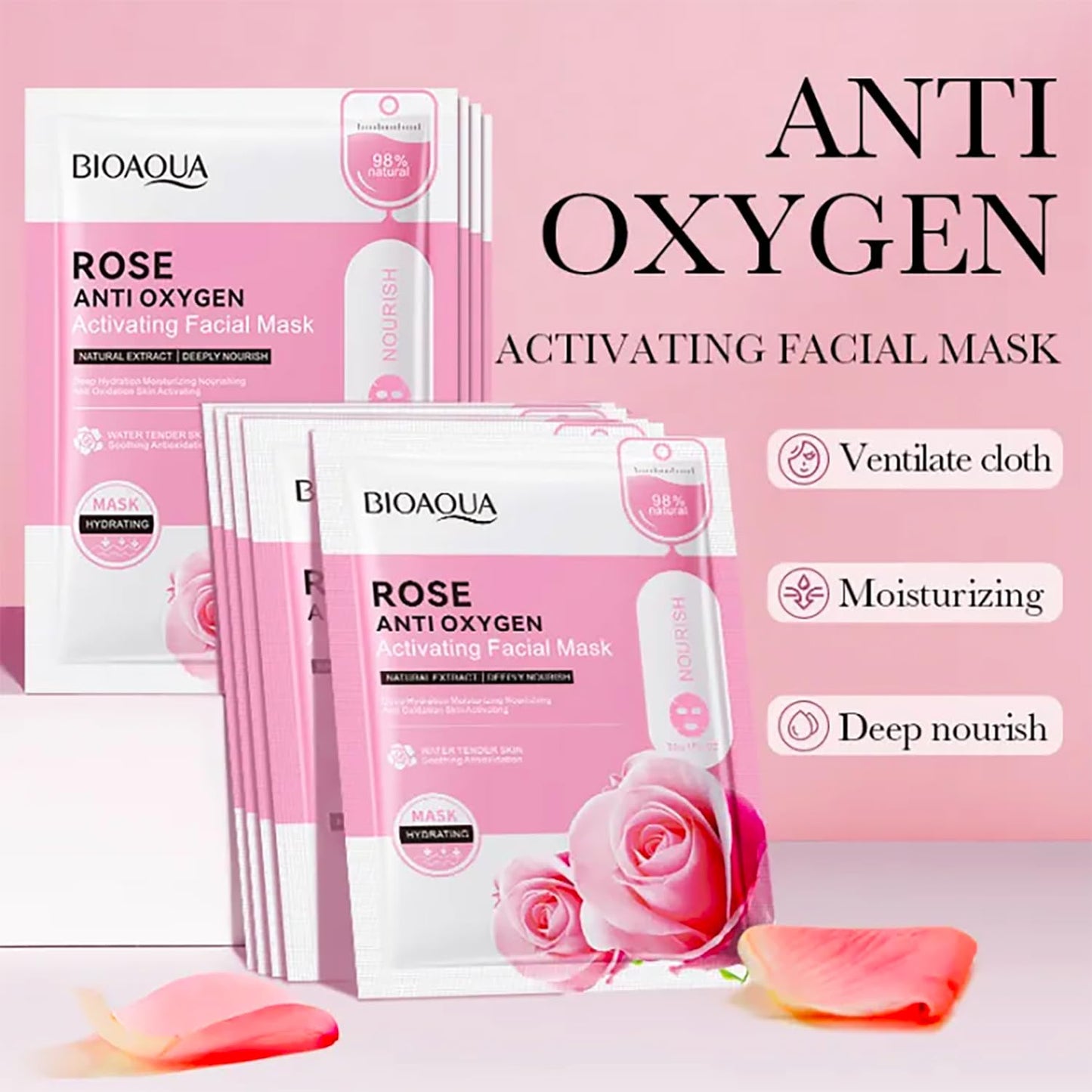 BIOAQUA Facial Mask Firming Deeply Nourish Moisturizing 98% Natural Extract Hydrating Face Mask 5PCS Set (Rose Extract (Anti-Oxygen))