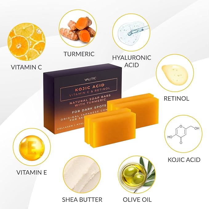 VALITIC 4 Pack Kojic Acid Vitamin C & Retinol Soap Bars for Dark Spot & A Pair Of Turquoise Exfoliating Gloves for Body Scrubs