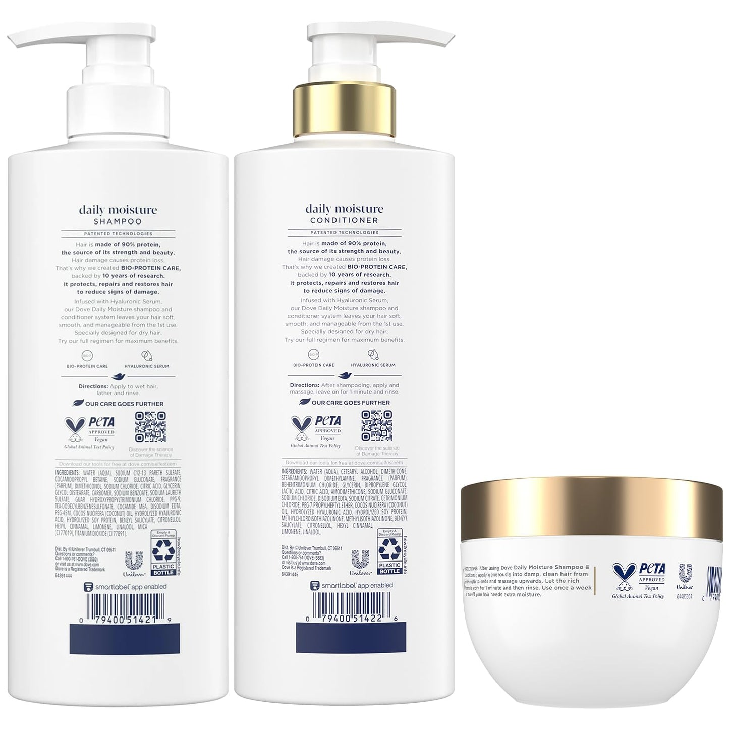 Dove Daily Moisture Shampoo & Conditioner Set with Hyaluronic & Moisture 10-in-1 Serum Mask – Deep Hydration for Smoothing & Revitalizing Dry Hair (3-Piece Set)