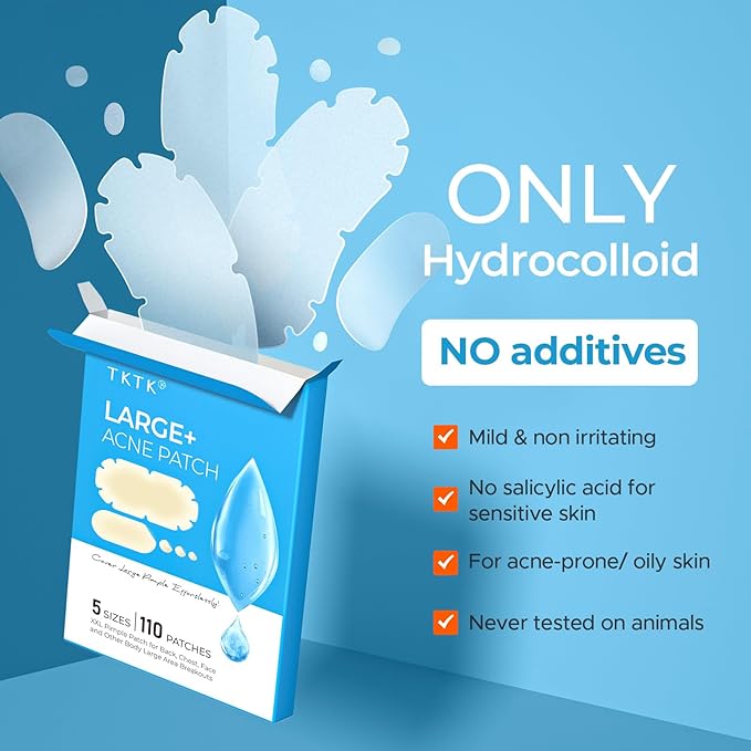 TKTK XXL Pimple Patches for Body, Large Hydrocolloid Acne Patches, 5 Sizes Big Hydrocolloid Bandages for Back, Chest, Shoulders Zit Breakouts, Blemish Patches for Face (Oval, Dot 110 Count)