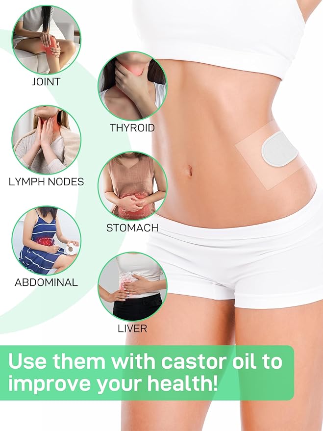 24Pcs Disposable Castor Oil Patches PU Film, Self-Adhesive Castor Oil Pack Wraps with Organic Cotton Pad for Belly Button Waist Stomach Shoulder, Anti Leakage, Water-Resistant, 4.7x5.9 Inch