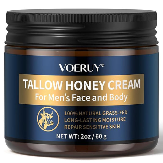 Tallow Balm for Skin, Men's Face Moisturizer Cream with Raw Honey for Reduce Wrinkles, Natural Grass-Fed Tallow Moisturizer for Face and Body, Organic Tallow for All Skin Types, 2oz/60g