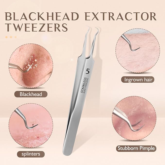 WSYUB Blackhead Tweezers, Pimple Popper Tool Kit, Blackhead Extractor,Ingrown Hair Tweezers, Blemish and Blackhead Removal Tools