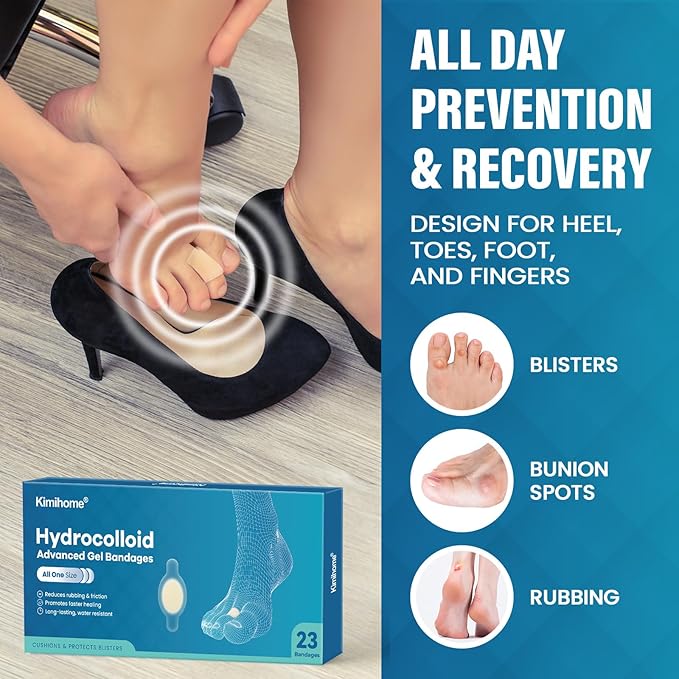 Hydrocolloid Gel Blister Bandages Pads - Kimihome 23ct Water Resistant Blisters Bandages - Adhesive Blister Pads for Heel, Foot, Toe - Gel Blister Chshions for Prevention & Recovery (Toe Pack)