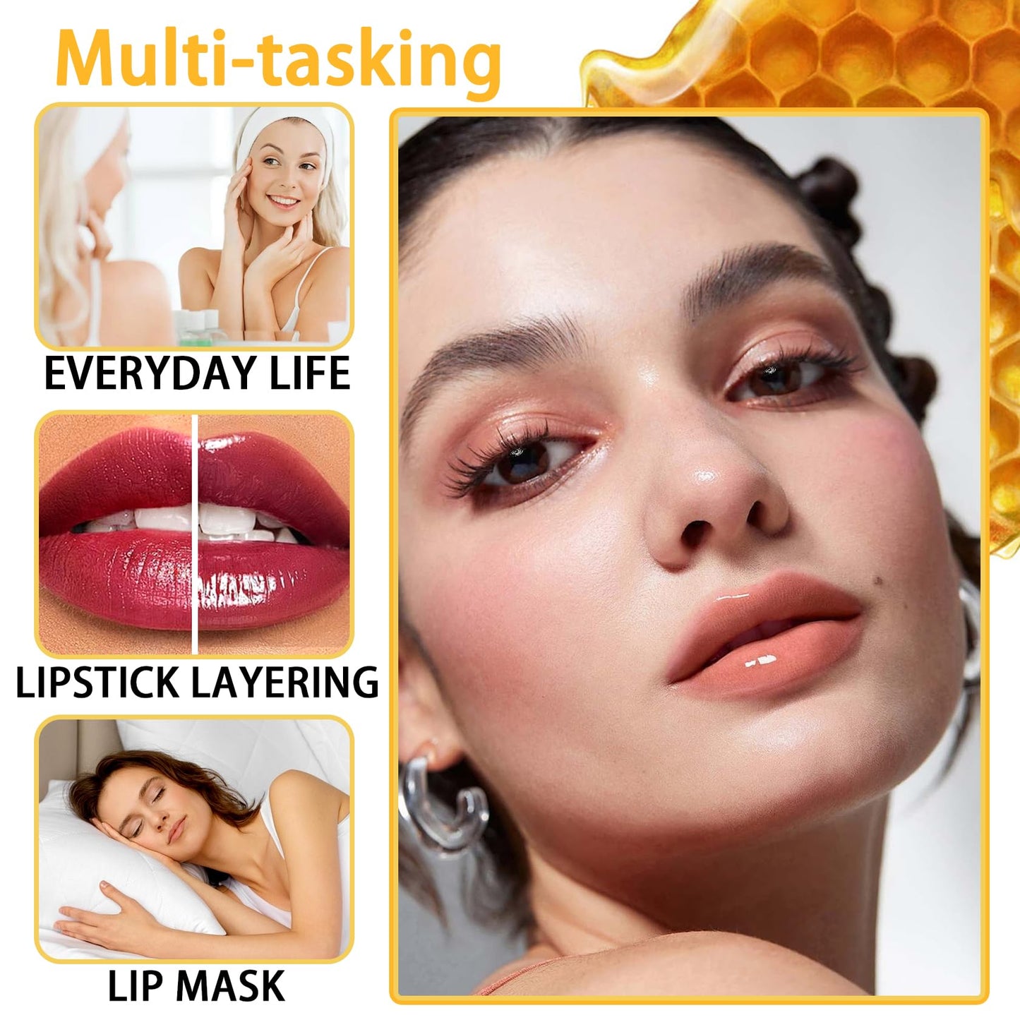 2PCS Honey Lip Balm and Lip Oil Set, Hydrating Overnight Propolis Lip Care Sleeping Mask, Moisturizing Lip Glow Oil Long-lasting Plumping Bee Lip Balm Gloss Stain Gifts Set for Women