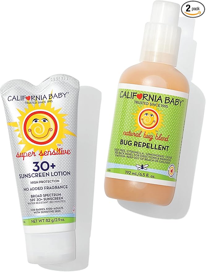 California Baby Super Sensitive Sunscreen + Natural Bug Spray | 2.9oz Unscented SPF 30+ Mineral Sunscreen + 6.5oz Natural Bug Repellent | Hypoallergenic | Formulated for Sensitive Skin