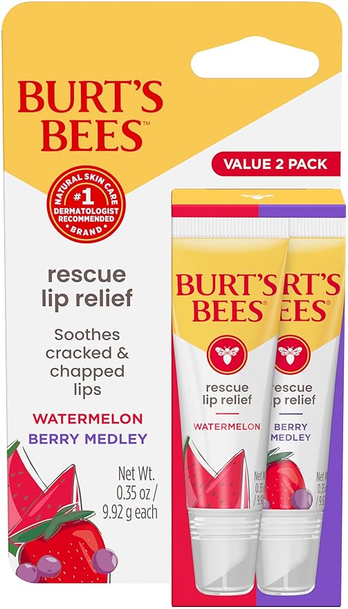 Burt's Bees Rescue Lip Relief, Watermelon & Berry Medley, Hydrating Lip Balm for Dry Cracked Lips, with Responsbily Sourced Beeswax and Shea Butter, 100% Natural Origin, 2 Pack, 0.35oz