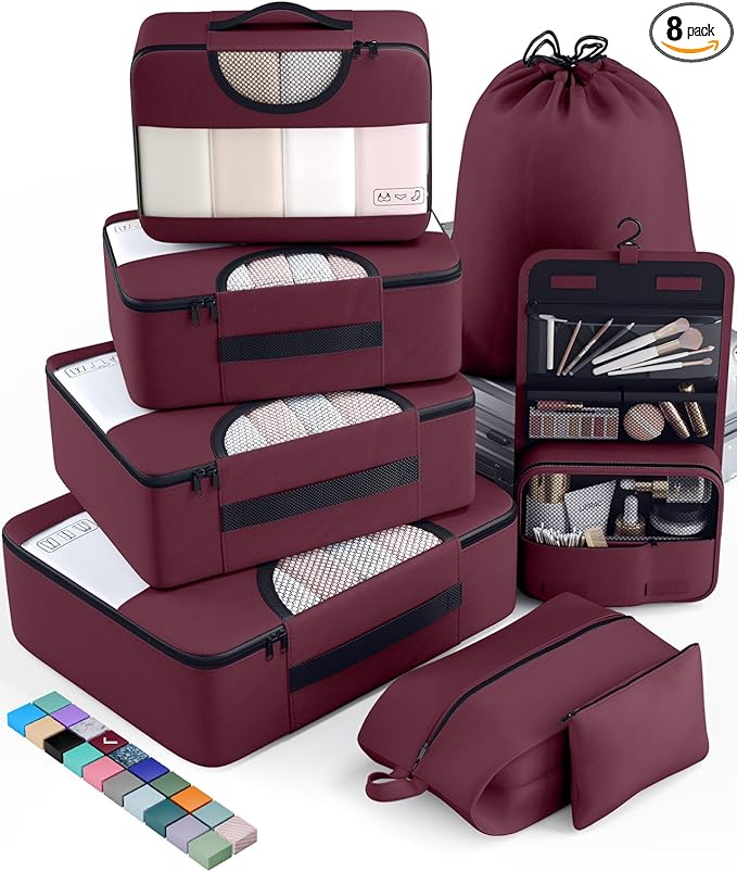 Veken 8 Set Packing Cubes for Travel Essentials, Suitcase Organizer Bags in 4 Sizes, Carry-On Luggage Accessories with Large Laundry & Hanging Toiletry Bag, Must-Have for Airplane, Road Trip & Camping
