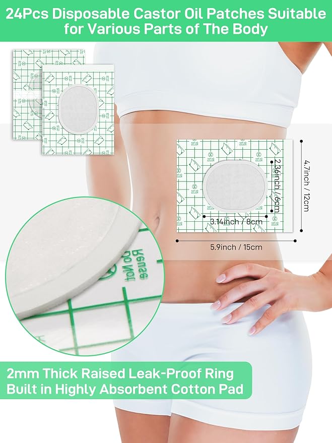 24Pcs Disposable Castor Oil Patches PU Film, Self-Adhesive Castor Oil Pack Wraps with Organic Cotton Pad for Belly Button Waist Stomach Shoulder, Anti Leakage, Water-Resistant, 4.7x5.9 Inch