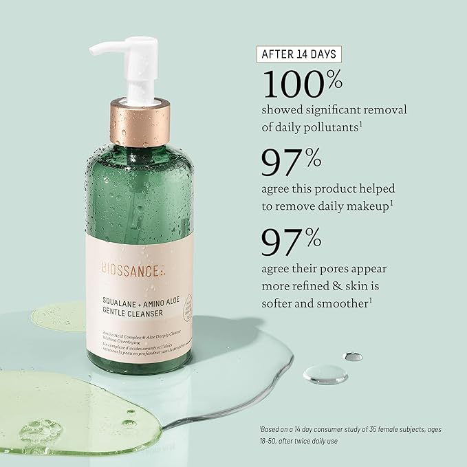 BIOSSANCE Squalane + Amino Aloe Gentle Face Wash – Foaming Facial Cleanser Gel – Hydrating for All Skin Types – Removes Makeup & Deeply Cleans Pores with Moringa Extract – Soothes with Aloe Vera